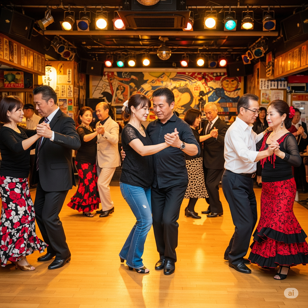 サルサクラブで多くの人がダンスを楽しむ様子