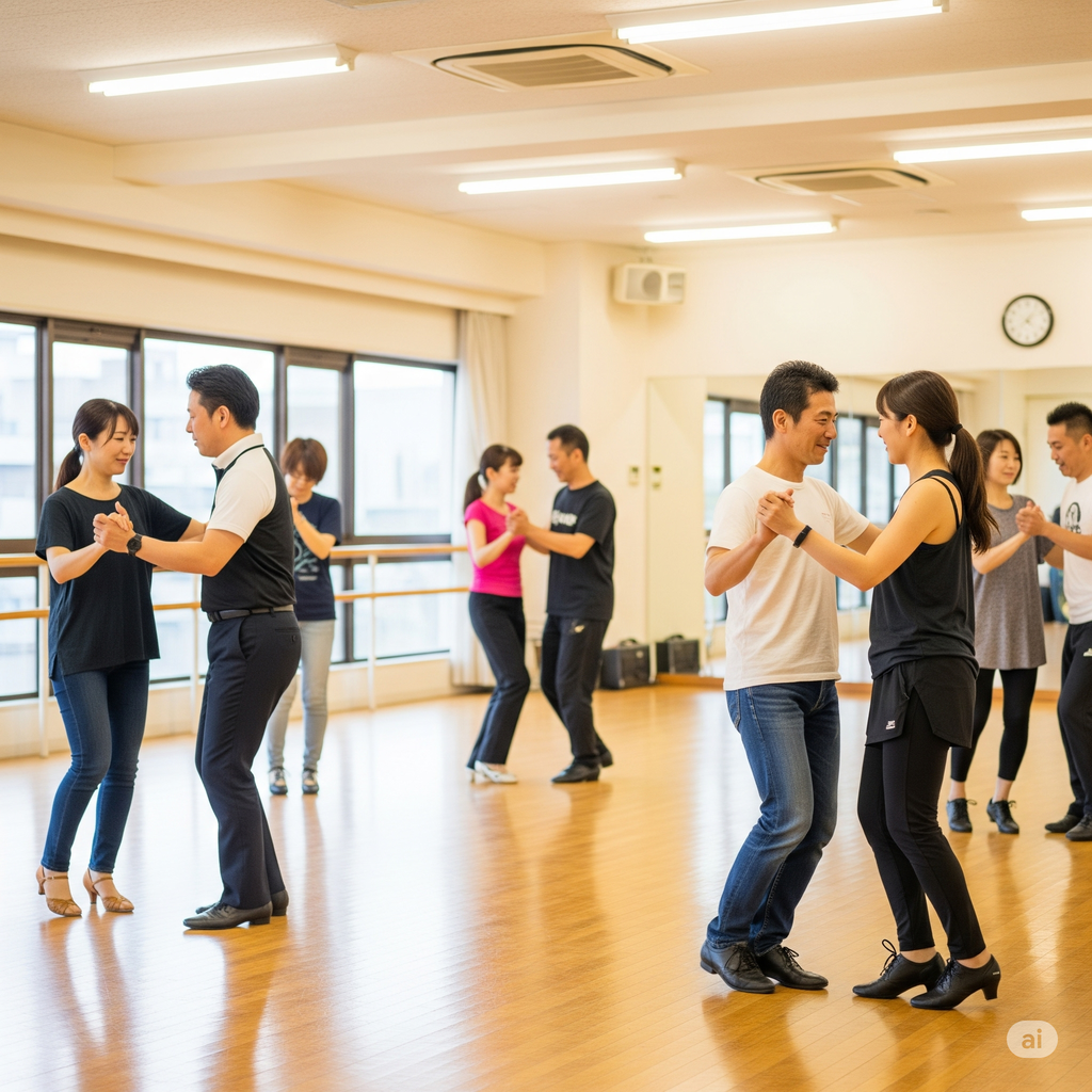 男女ペアでサルサを踊るレッスン風景